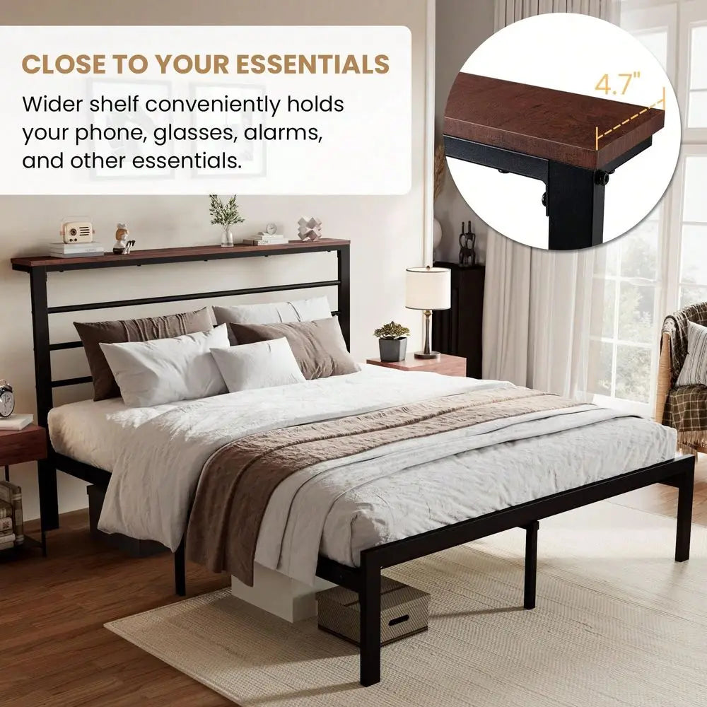 Twin Full Queen King Size Bed Frame With Headboard Shelf, Heavy Duty Platform Bed Frame With Strong Metal Foundation, No Box Sp