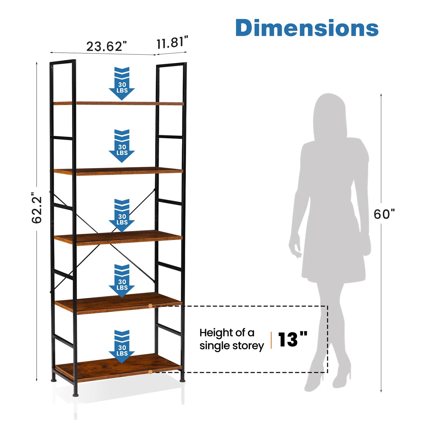 JHK 5 Tier Metal Bookcase Modern Office Storage Organizer