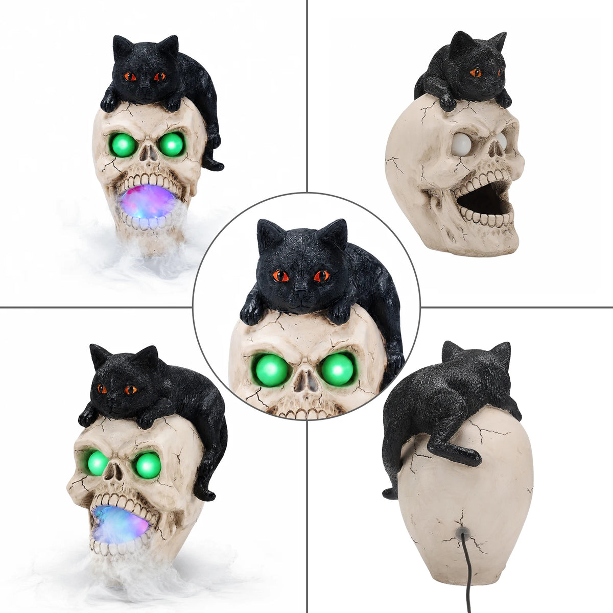 Halloween Black Cat Skull Statue With Fog And LED Lights