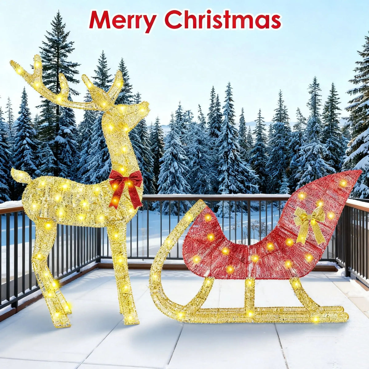 LED Christmas Reindeer Sleigh Outdoor Decoration With Iron Frame