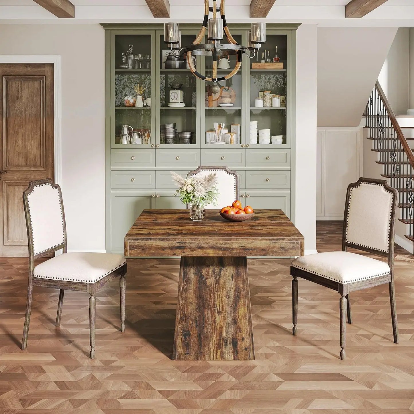 Square Dining Table for 4, Small Kitchen Table with Sturdy Pedestal Base, Farmhouse Dinner Table for Dining Room, Living Room
