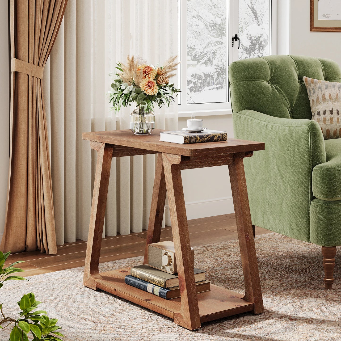 Tribesigns 2 Tier Solid Wood End Table Narrow Farmhouse Nightstand