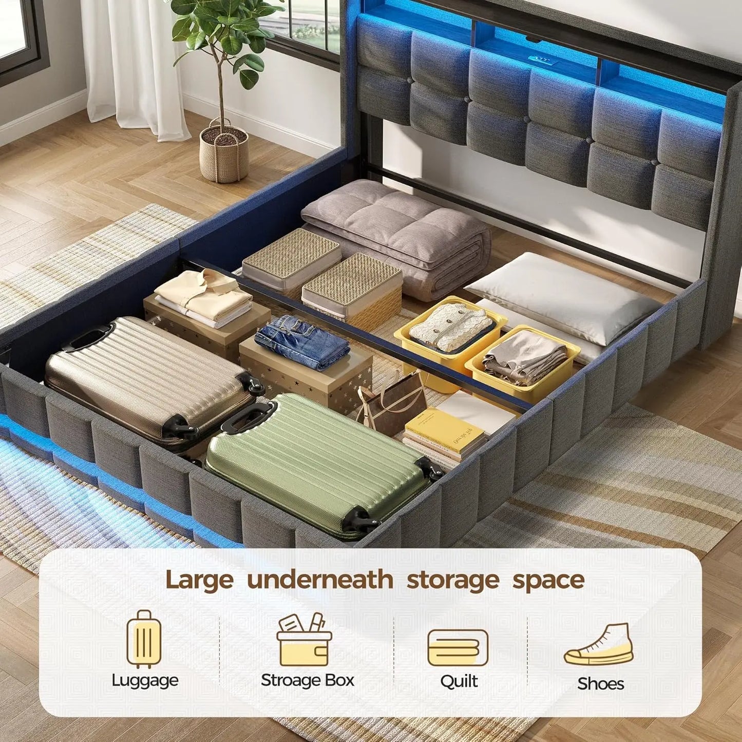 Lift Up Storage Bed With LED Lights And Charging Station