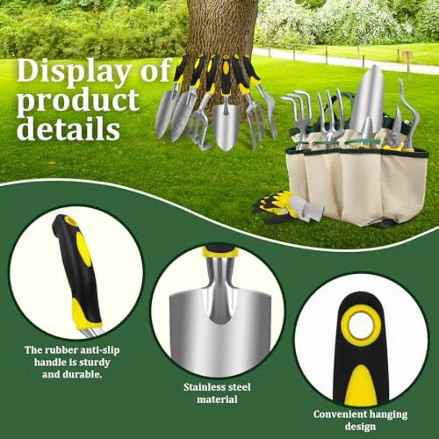 8Piece Garden Tools Set for Gardening Aluminum Alloy Heavy Duty Kit with Storage Tote Bag Ergonomic Rubber Grip Ideal for Indoo