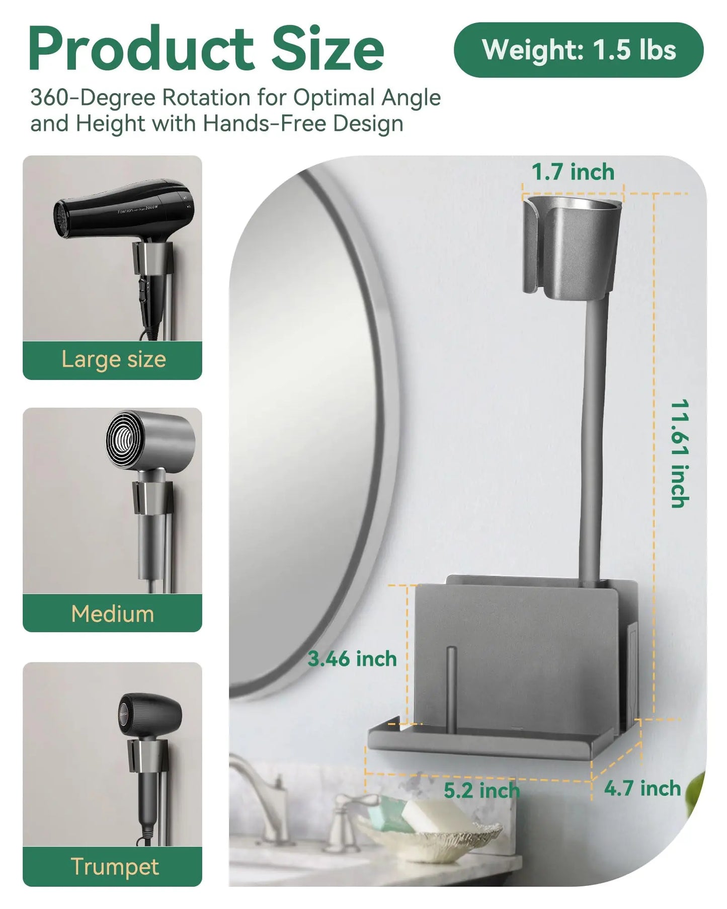 Hair Tool Organizer Wall Mounted Adjustable Hair Dryer Holder
