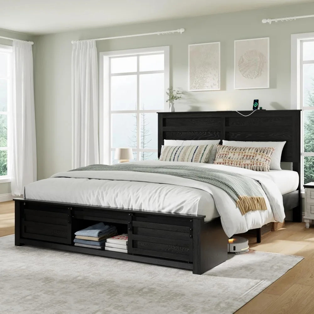 Bed Frame With Wooden Headboard And Sliding Barn Door Footboard