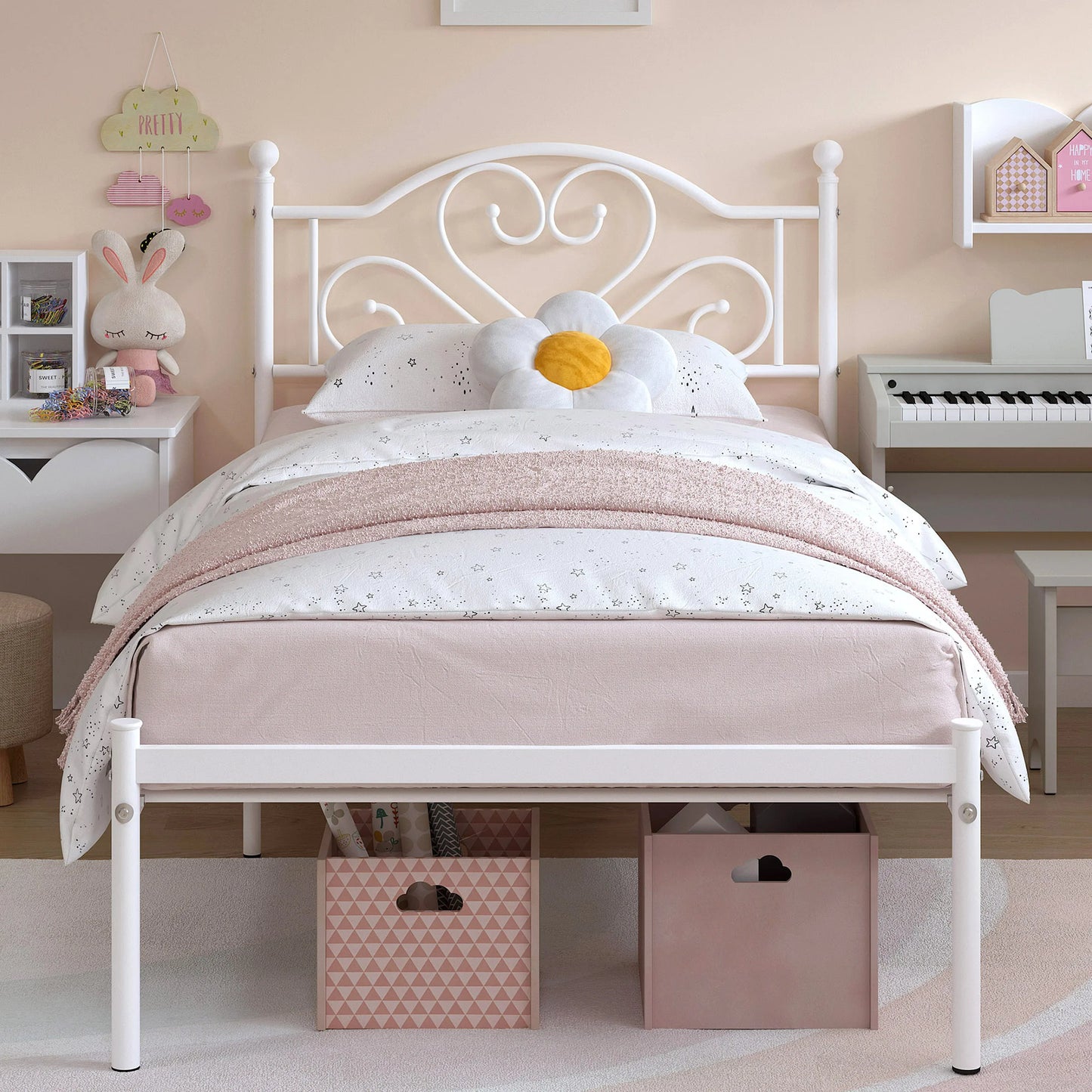 MERRONIX Heavy Duty Metal Bed Frame With Heart Shaped Headboard