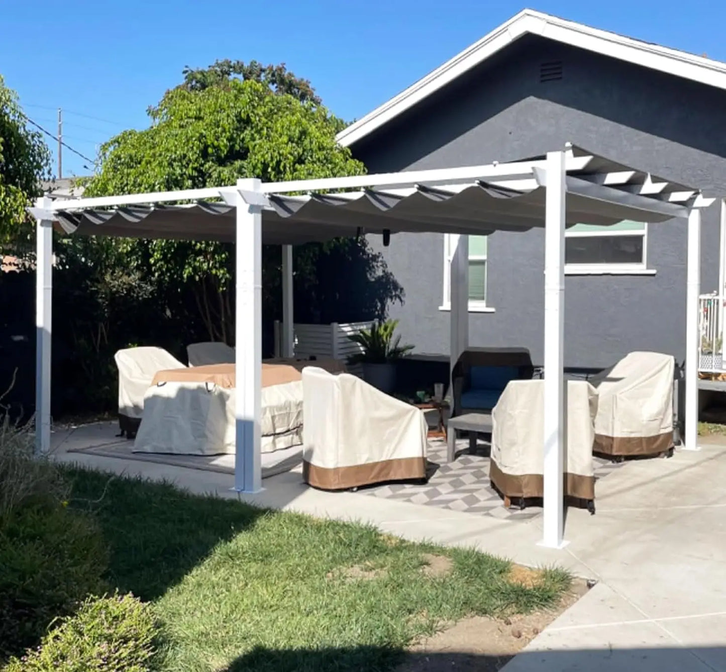 Aluminum Pergola With Retractable Double Canopy Wind Resistant Outdoor