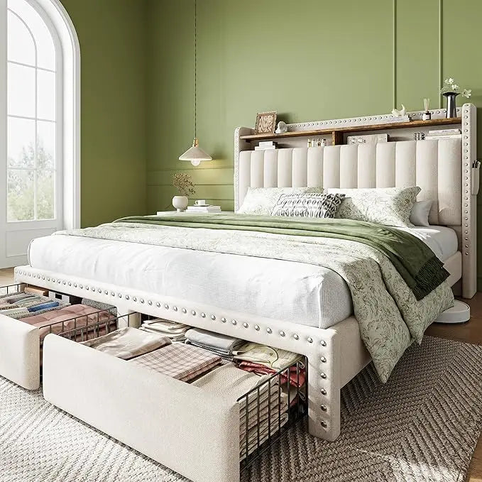 King Platform Bed Frame With Storage Drawers And Headboard Shelf