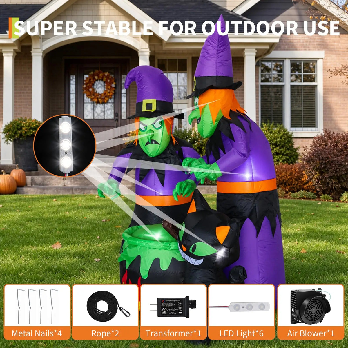 HiMISS Halloween Inflatable Witch Sisters And Black Cat Cauldron Decor