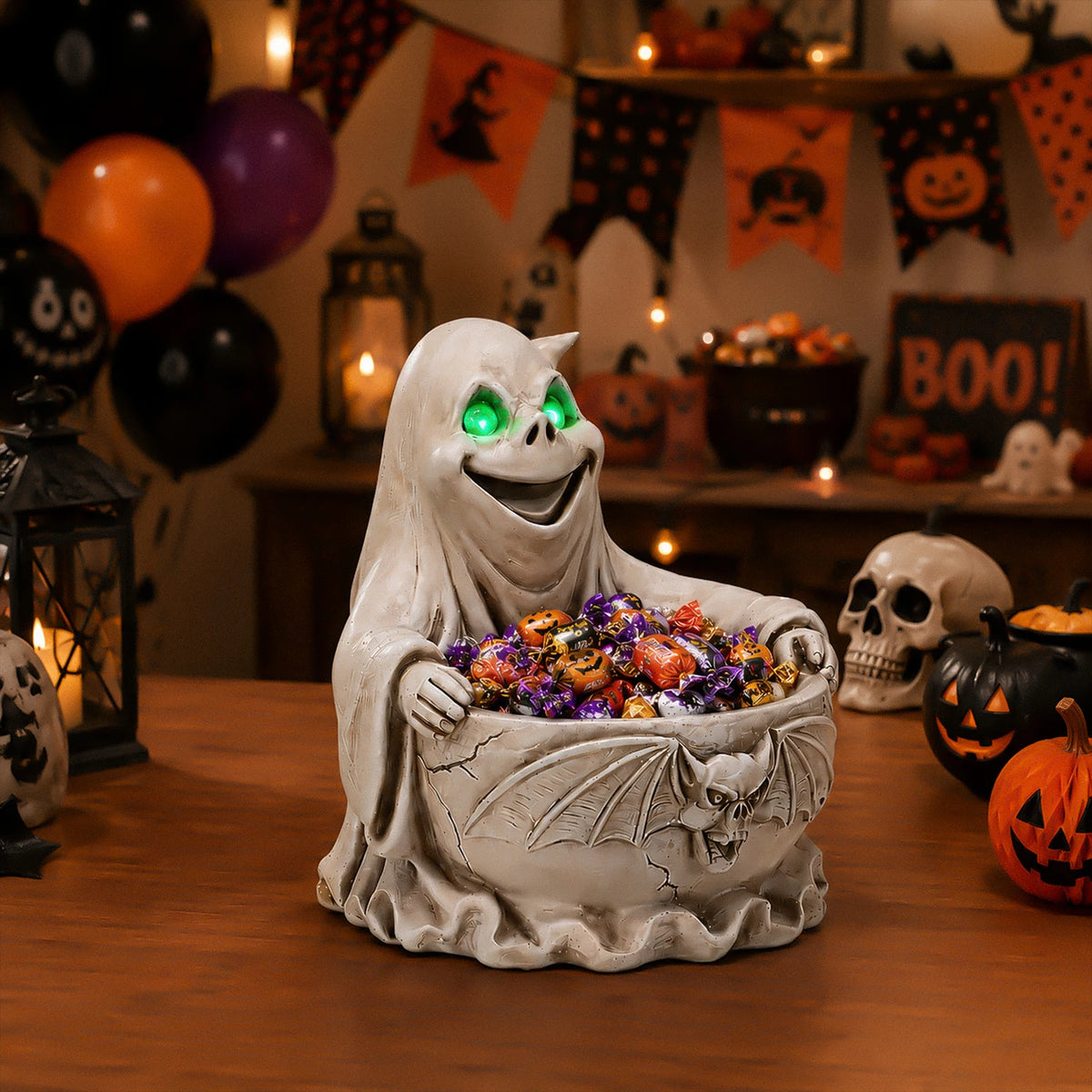 Halloween Ghost Candy Bowl with LED Eyes and Bat Decor