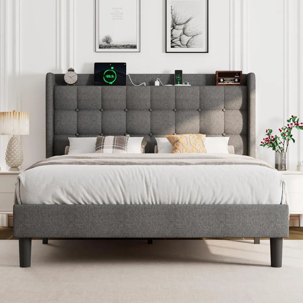 Upholstered Platform Bed Frame With Charging Station And Storage Headboard