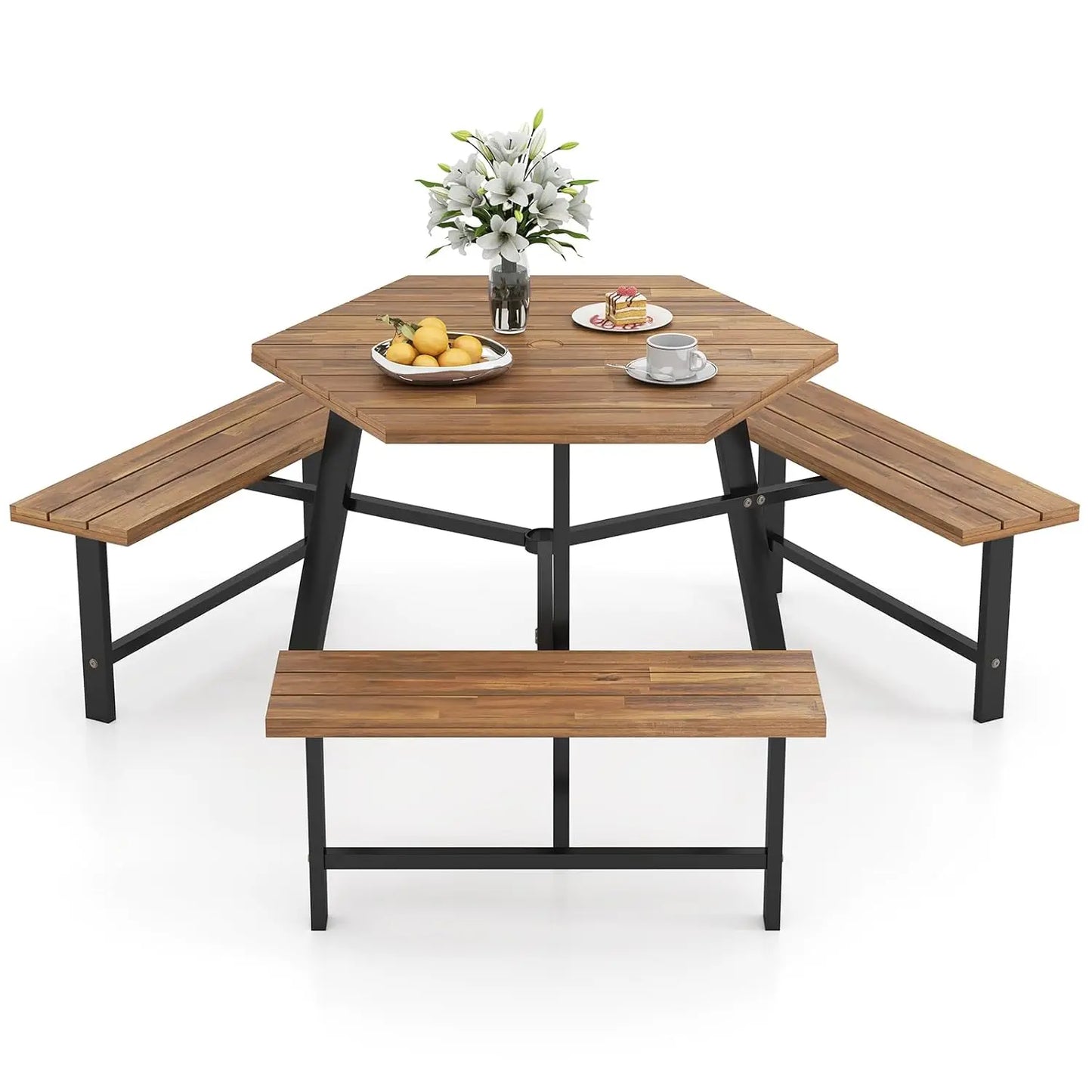 Acacia Wood Hexagonal Picnic Table With Built In Benches
