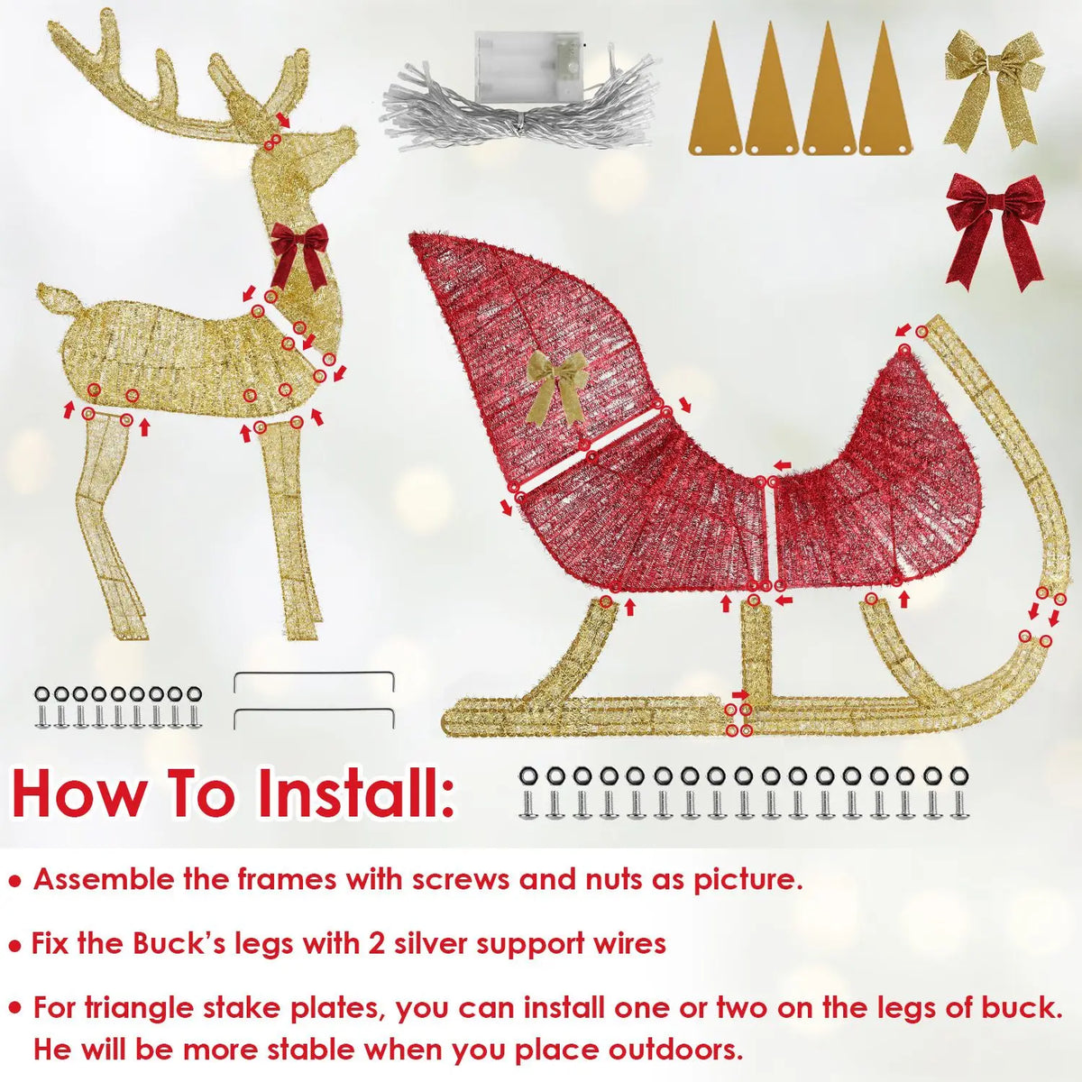 LED Christmas Reindeer Sleigh Outdoor Decoration With Iron Frame