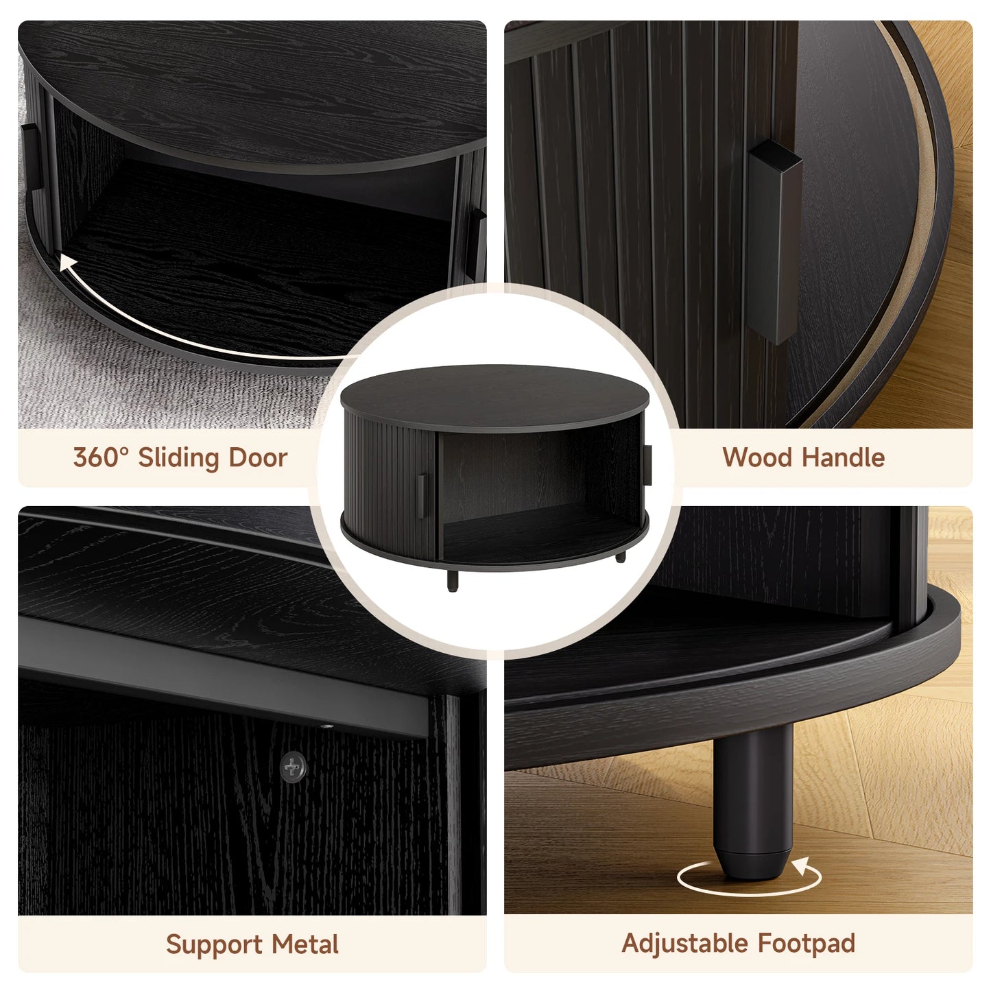 Round Coffee Table With Storage Drum Design And Sliding Door