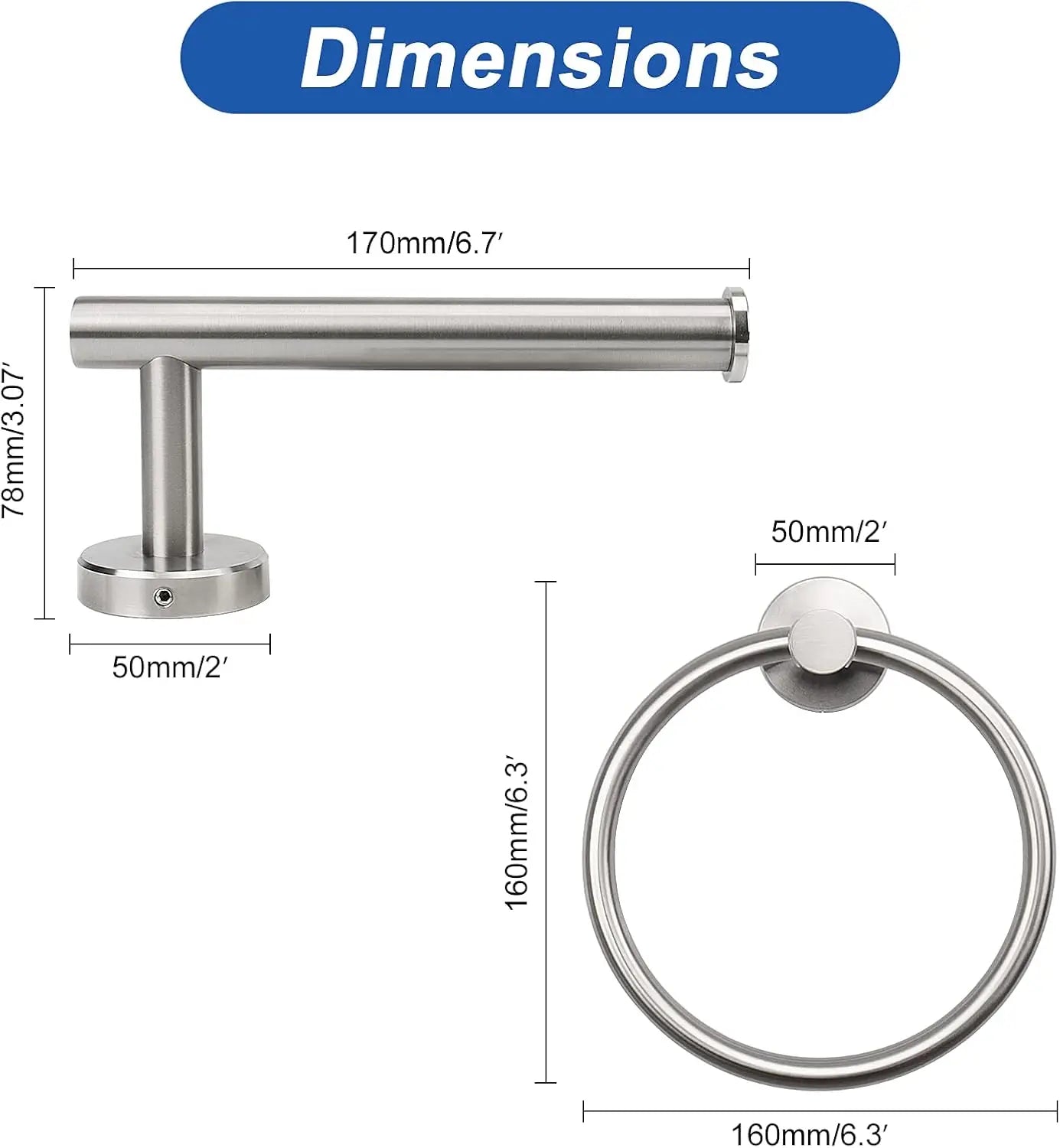 Bathroom Towel Ring and Toilet Paper Holder Set, Brushed Nickel Stainless Steel, Wall Mounted
