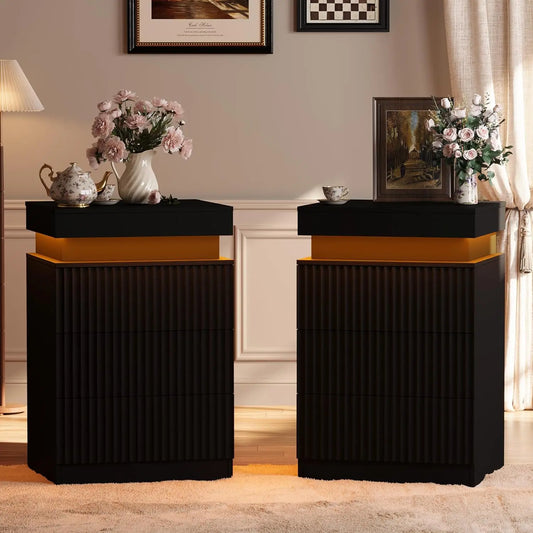 Nightstand Set Of 2 With LED Charging Station Fluted
