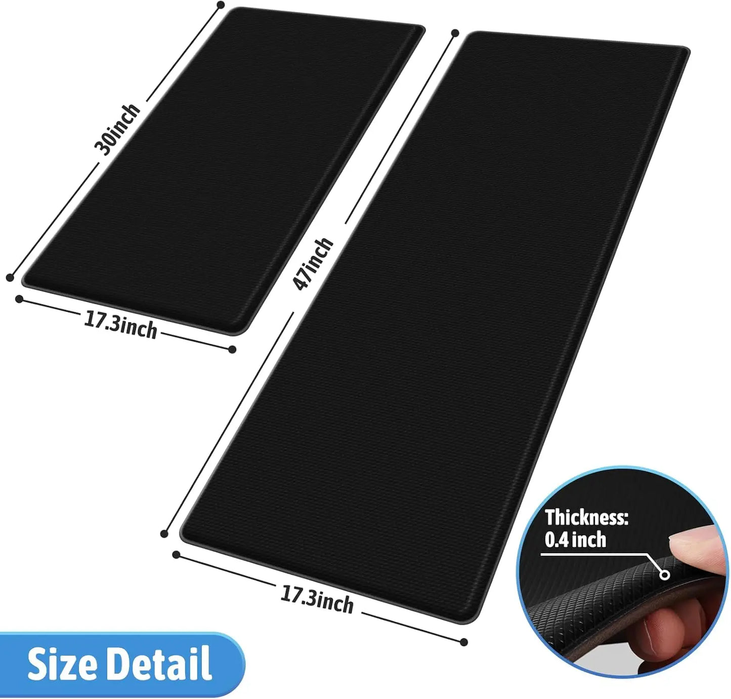 2-Piece Cushioned Kitchen Mat Set, Anti-Fatigue Non-Skid Floor Rug for Sink and Office, Black 17.3x30+47 Inches