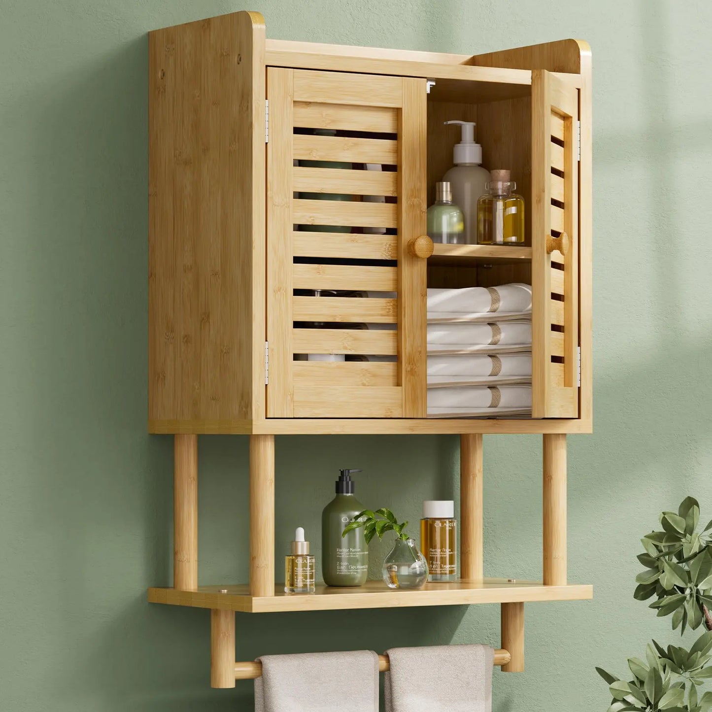XIUWO Bamboo Bathroom Wall Cabinet With Towel Bar And Storage