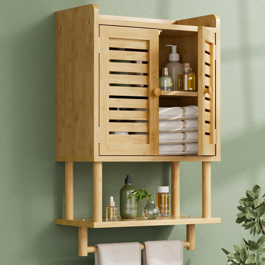 XIUWO Bamboo Bathroom Wall Cabinet With Towel Bar And Storage