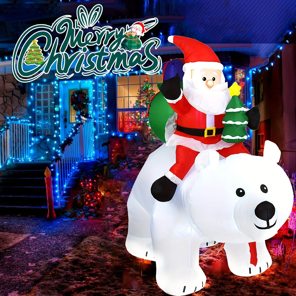 Inflatable Santa Riding Polar Bear With Shaking Head Christmas Decor
