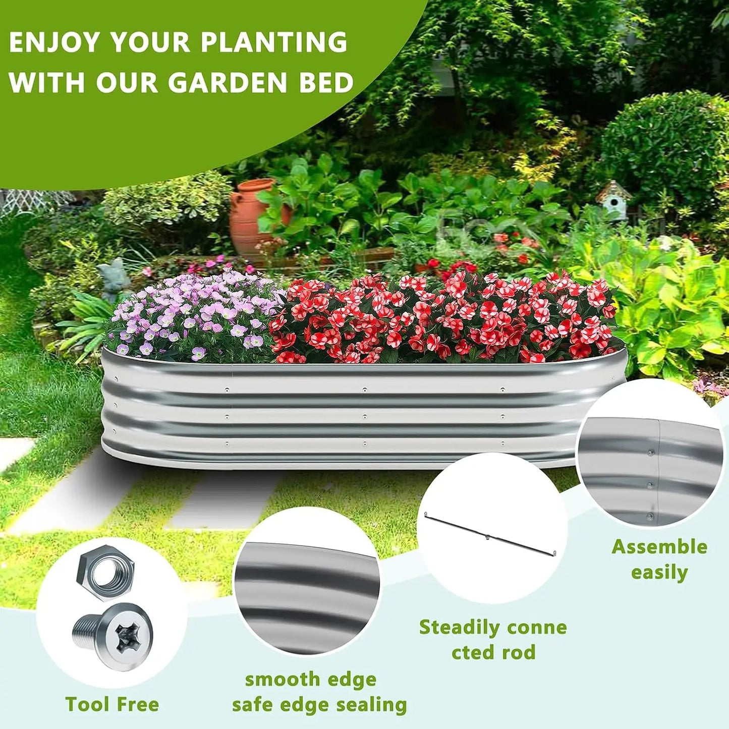 2-Pack Galvanized Metal Raised Garden Bed, Oval Planter Box for Vegetables, 6x3x1FT Silver