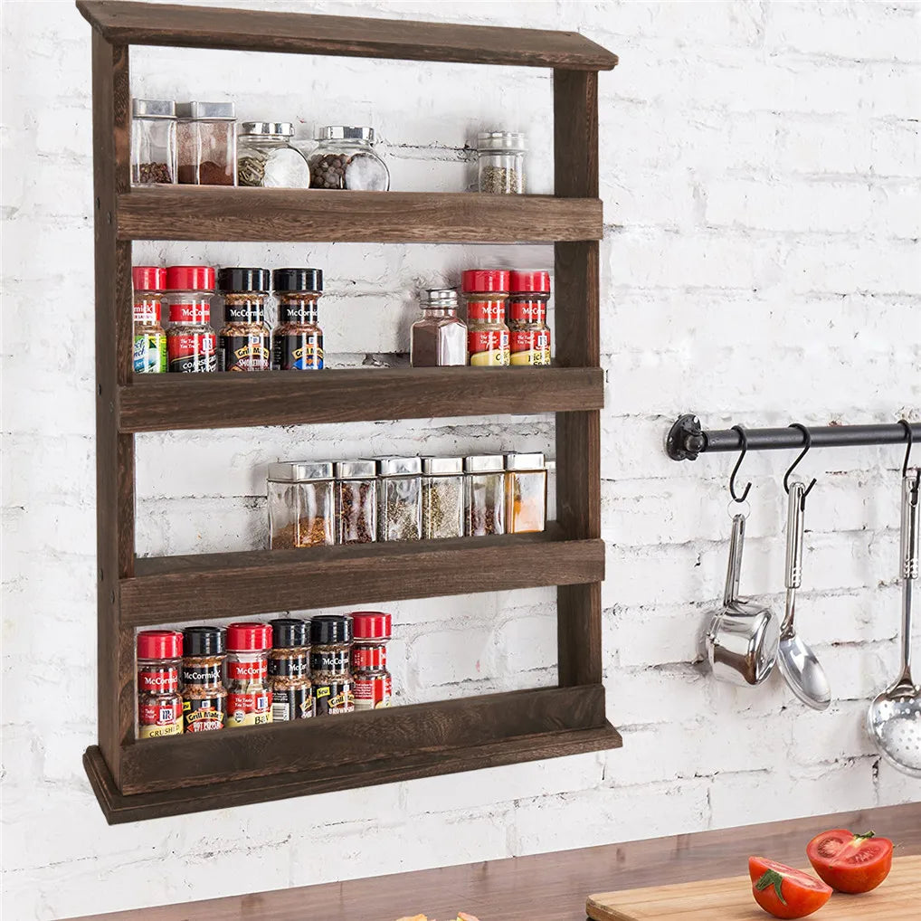 Rustic Torched Wood Wall Mounted 4-Tier Spice Rack Storage Organizer