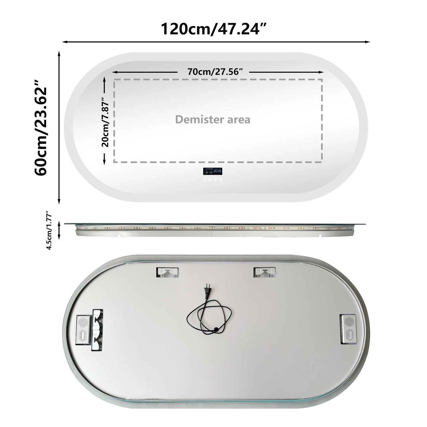 80/120cm Oval LED Bathroom Mirror, Wall-Mounted with Bluetooth Speaker, Digital Display, Vanity Mirror, Smart Makeup Mirror