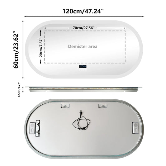 80/120cm Oval LED Bathroom Mirror, Wall-Mounted with Bluetooth Speaker, Digital Display, Vanity Mirror, Smart Makeup Mirror