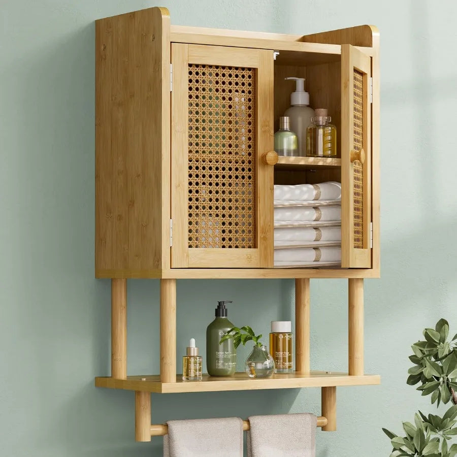 XIUWO Bamboo Bathroom Wall Cabinet With Towel Bar And Storage