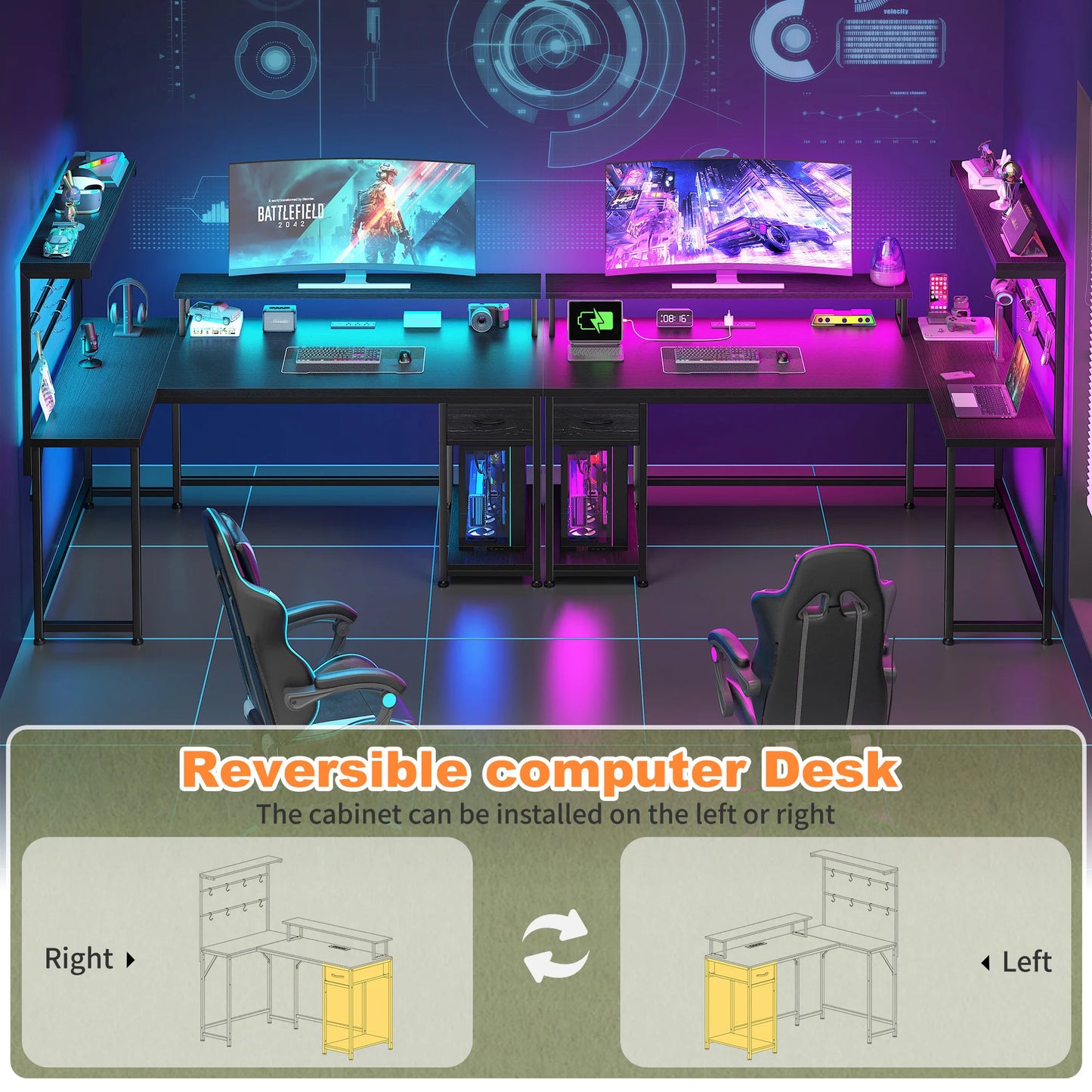 EnHomee 53 Inch L Shaped Gaming Desk With Hutch
