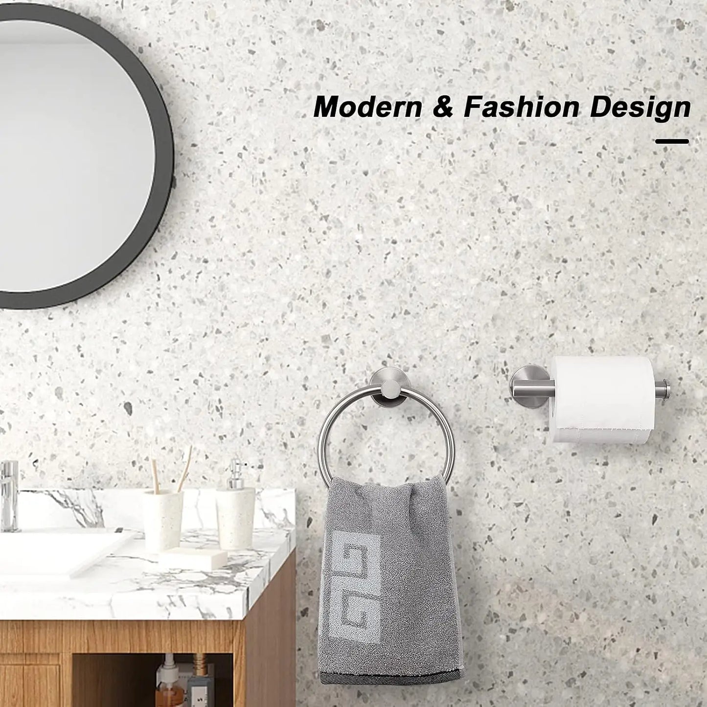 Bathroom Towel Ring and Toilet Paper Holder Set, Brushed Nickel Stainless Steel, Wall Mounted