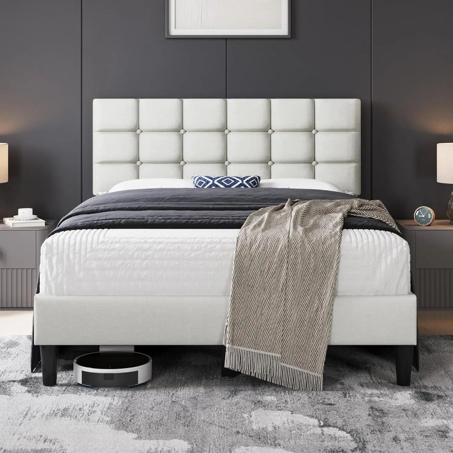 Upholstered Bed Frame With Adjustable Headboard And Square Tufting