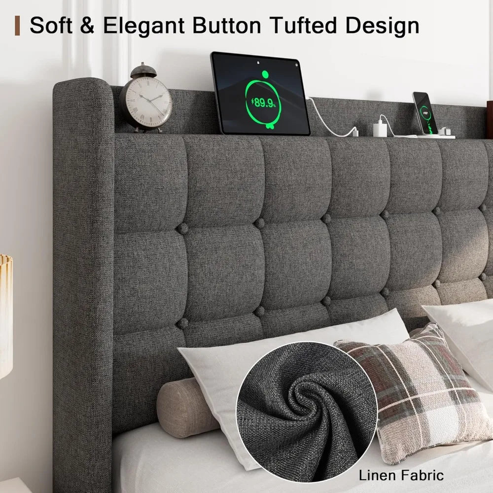 Upholstered Platform Bed Frame With Charging Station And Storage Headboard