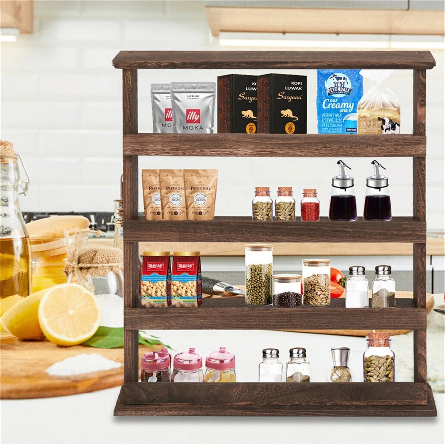 Rustic Torched Wood Wall Mounted 4-Tier Spice Rack Storage Organizer