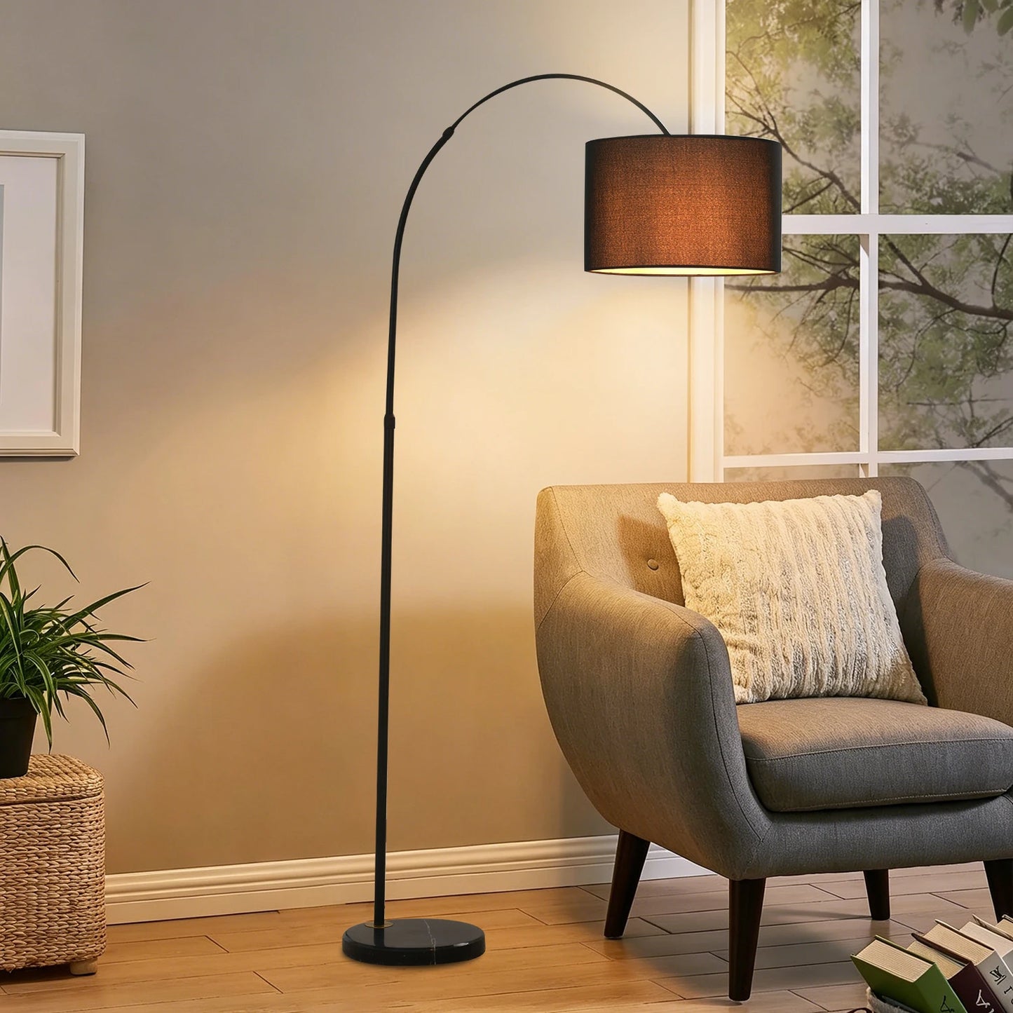 Mid Century Floor Lamp With Fabric Shade Arc Adjustable Height