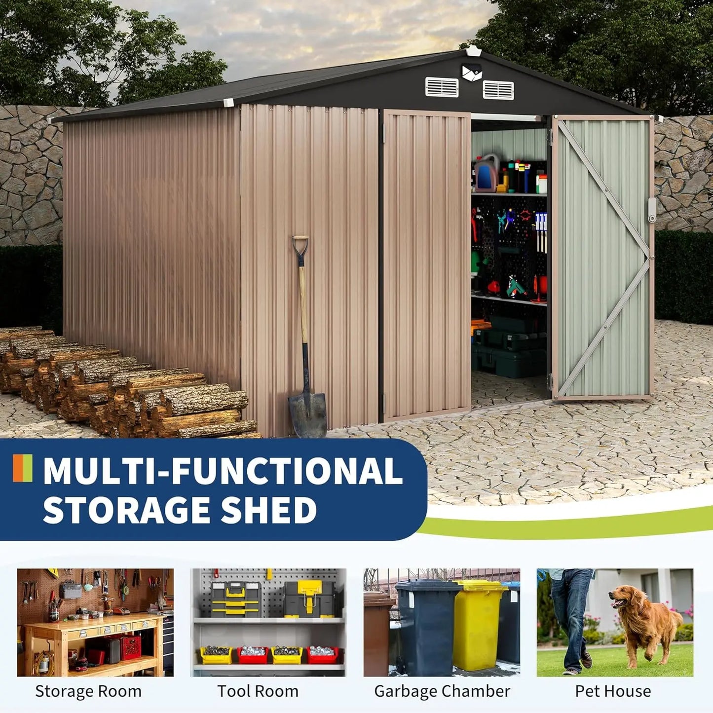 Outdoor Metal Storage Shed With Solar Light And Lockable Door