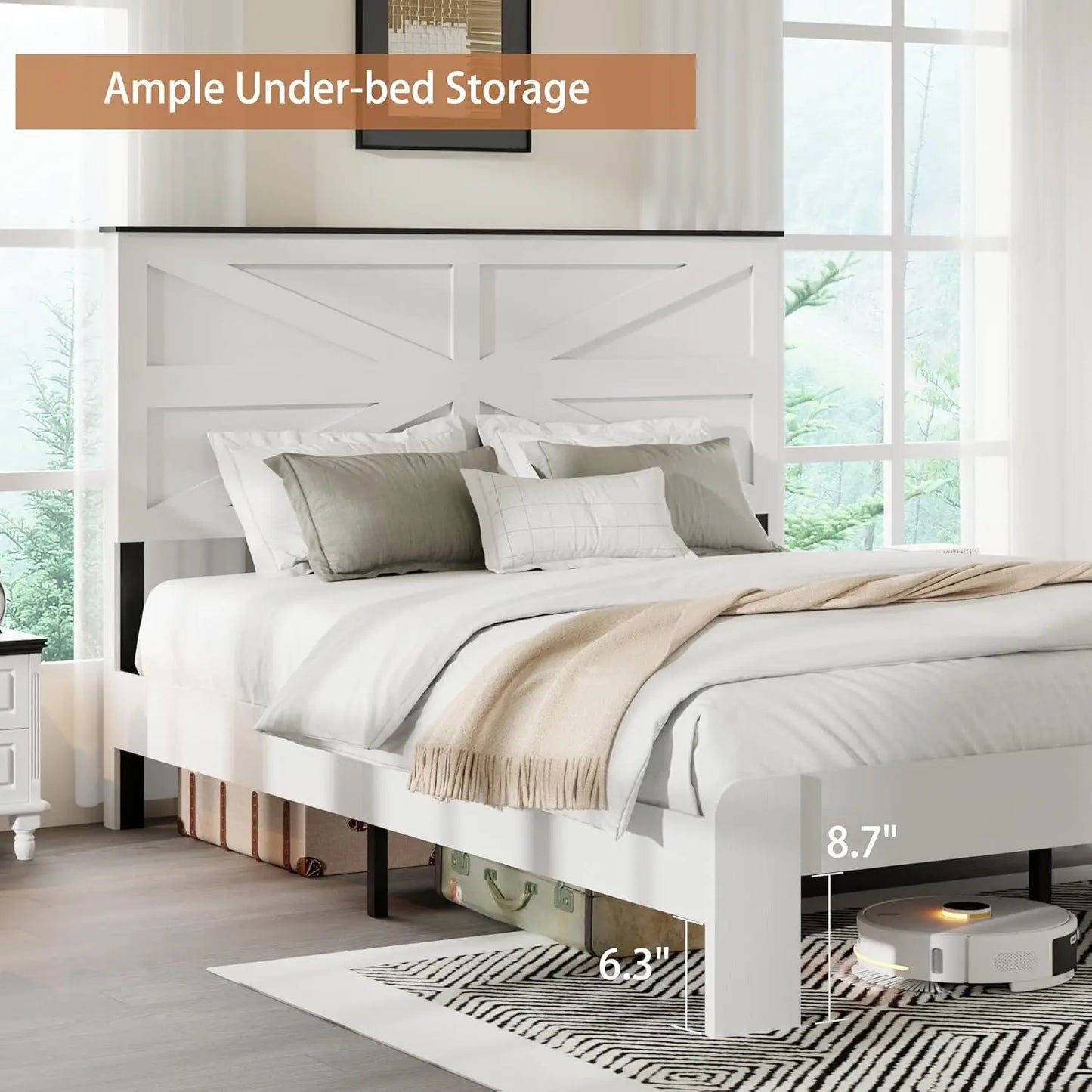 GUANGBAI Farmhouse Boho Platform Bed Frame With Headboard