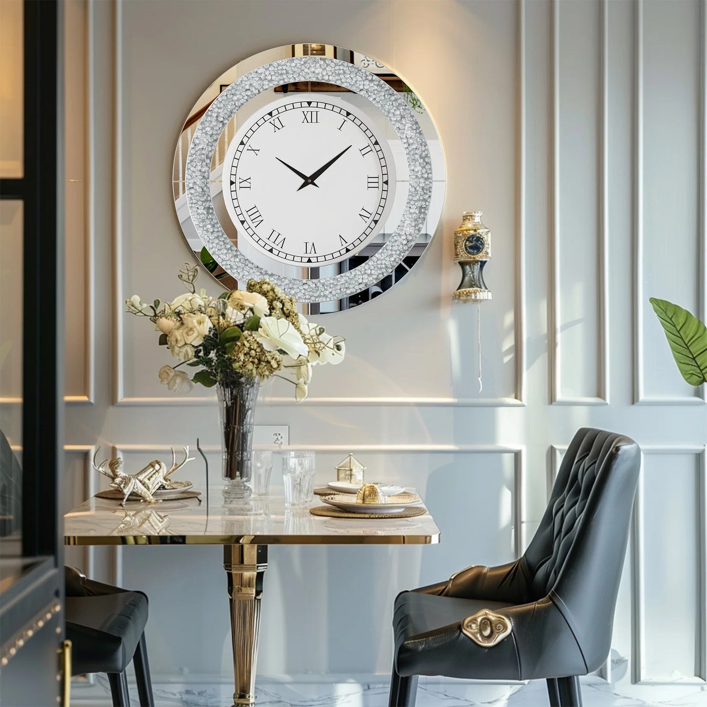 Round Mirror And Large Mirrored Wall Clock For Living Room