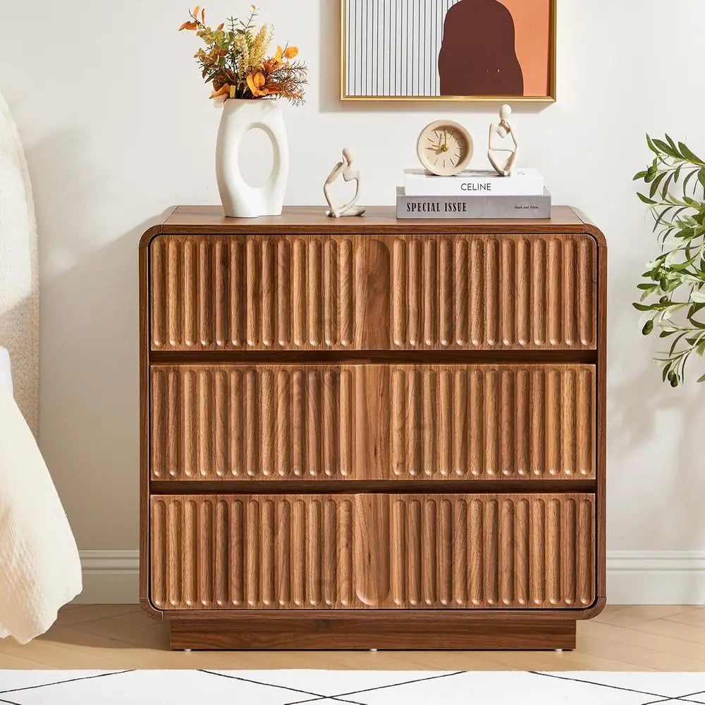Fluted 3 Drawer Dresser, Mid Century Modern Wood Bedroom Furniture