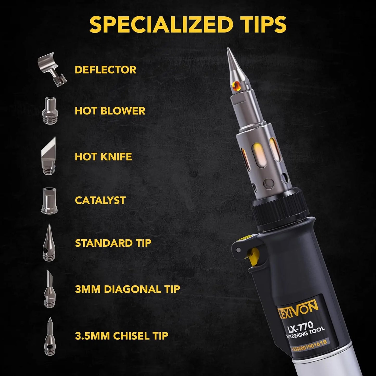 Cordless Butane Soldering Iron Kit with Adjustable Flame and 7-Tip Set | Pro Grade 125W Equivalent for Multi-Purpose Use