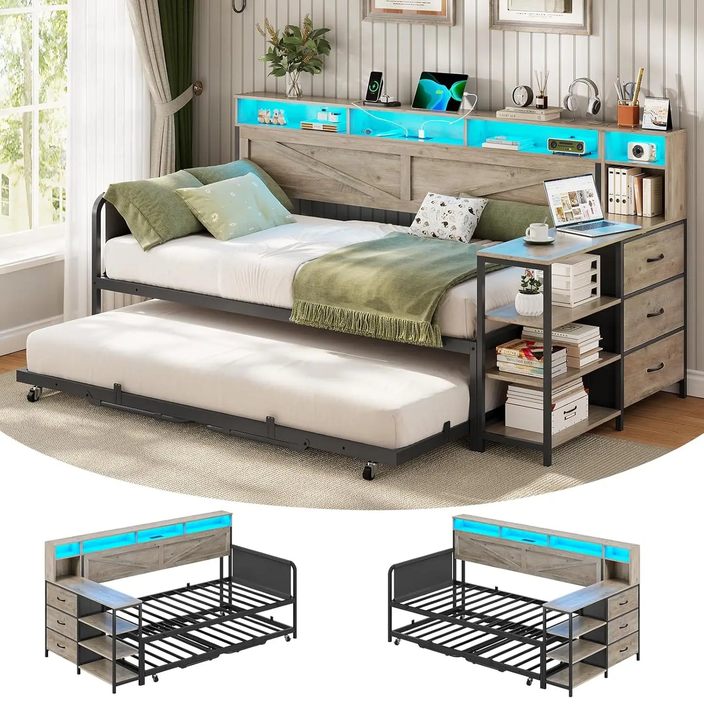 Folded Daybed With Pop Up Trundle And Storage Drawers