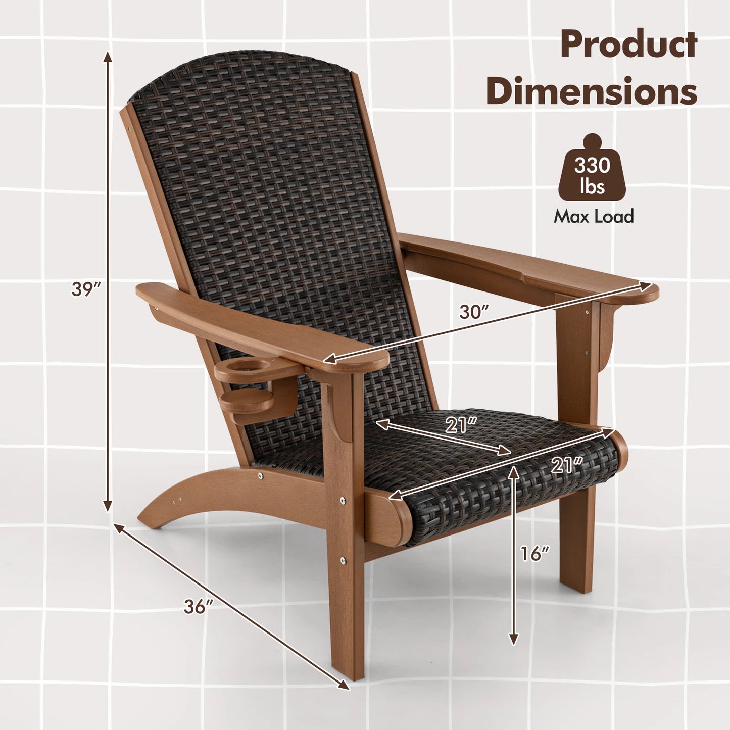 LIFEZEAL Patio Adirondack Chair With Rattan Padded Seat And Cupholder