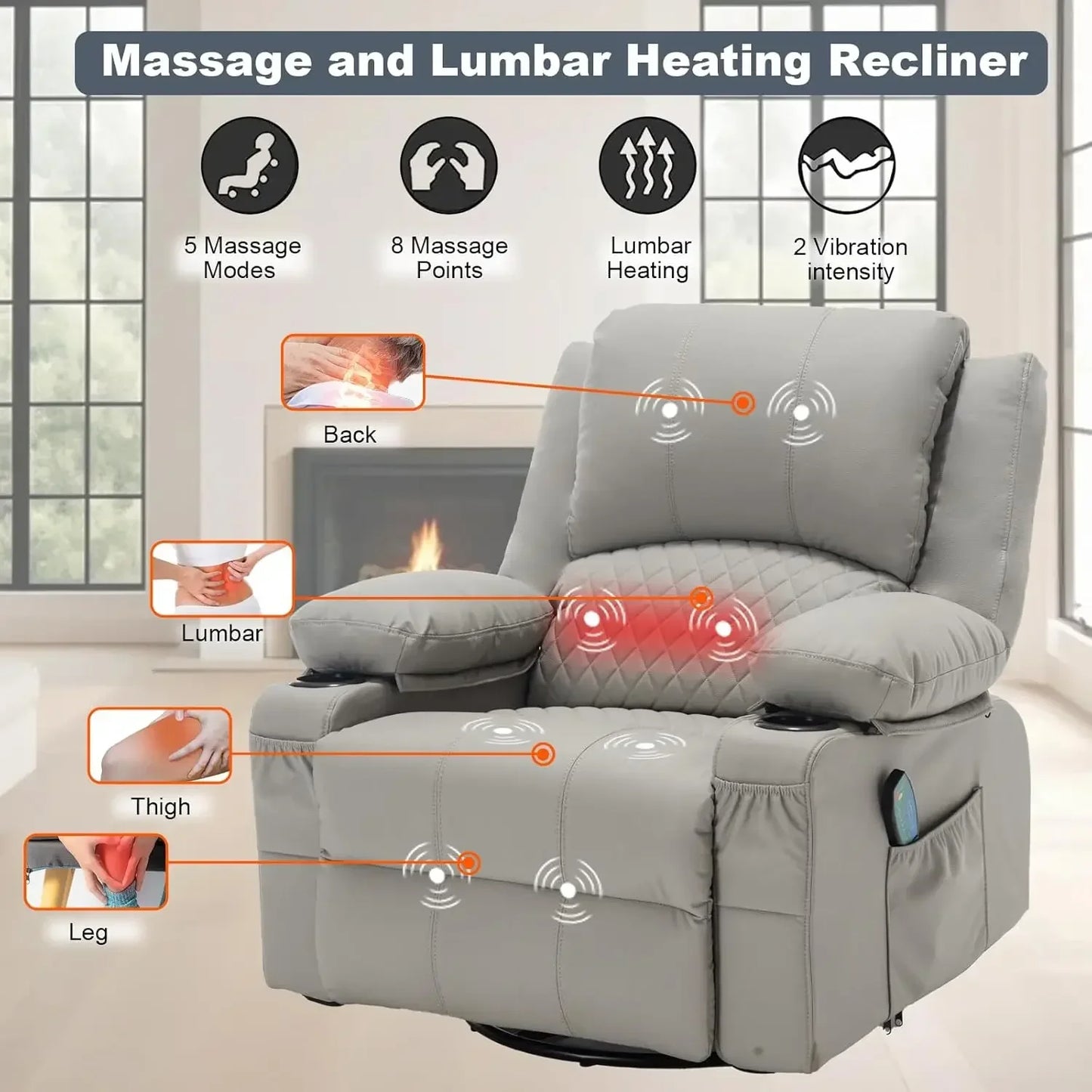 Overstuffed Massage Rocker Recliner Chair With Heat Faux Leather