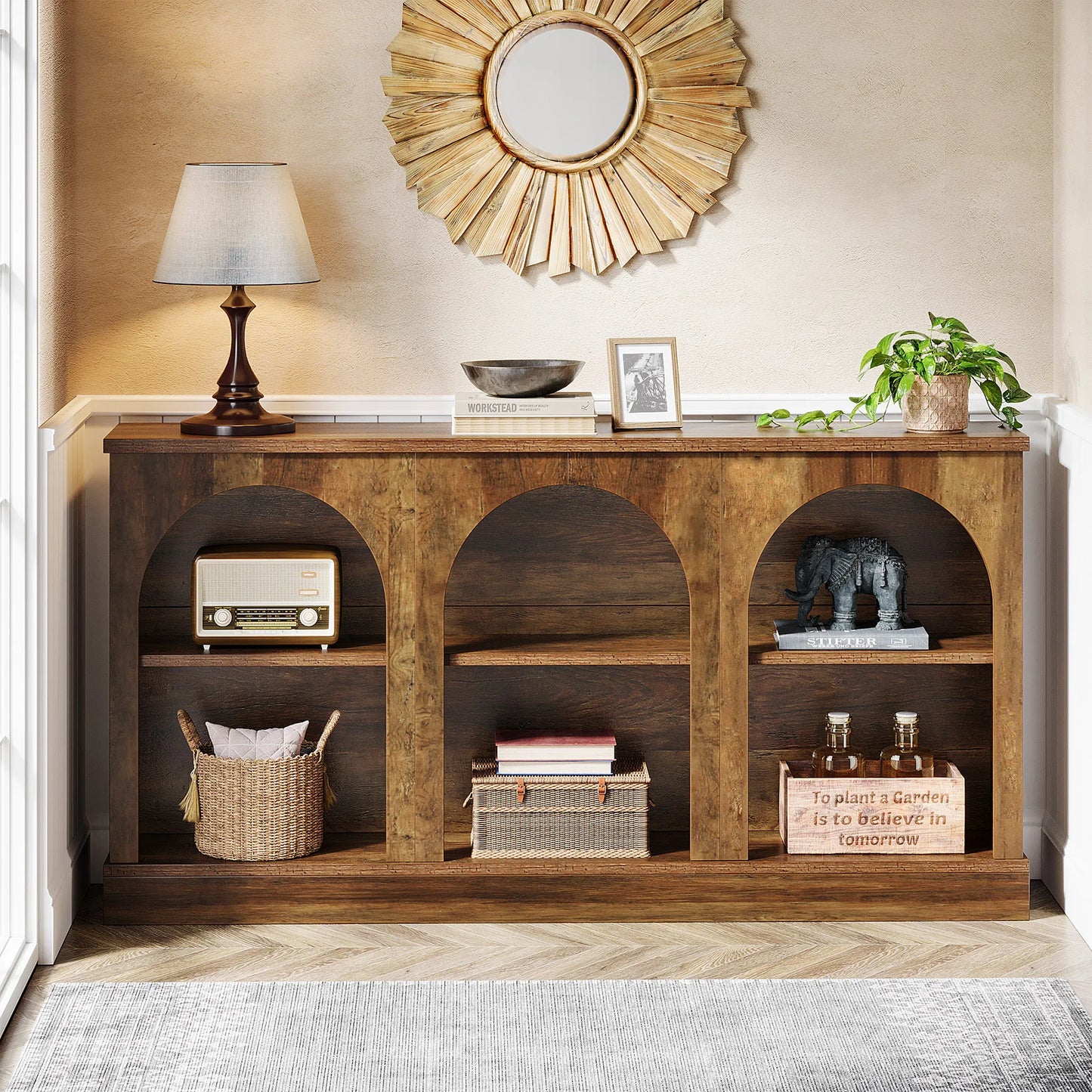 Tribesigns Farmhouse Console Table With 3 Tier Storage Wooden Design