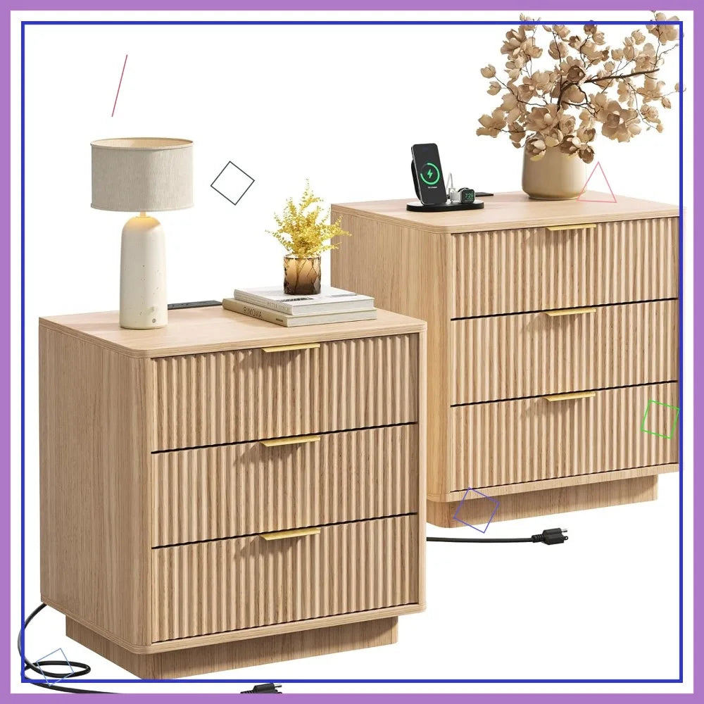 Fluted Nightstands Set Of 2 With Hidden Drawer Charging Station