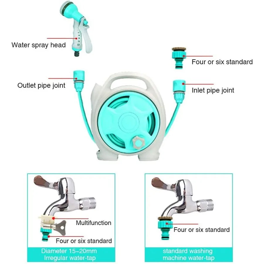 Retractable Garden Hose Reel Convenient 50 FT Portable Hose with 6Function Spray Nozzle for Versatile Watering Cleaning Washing