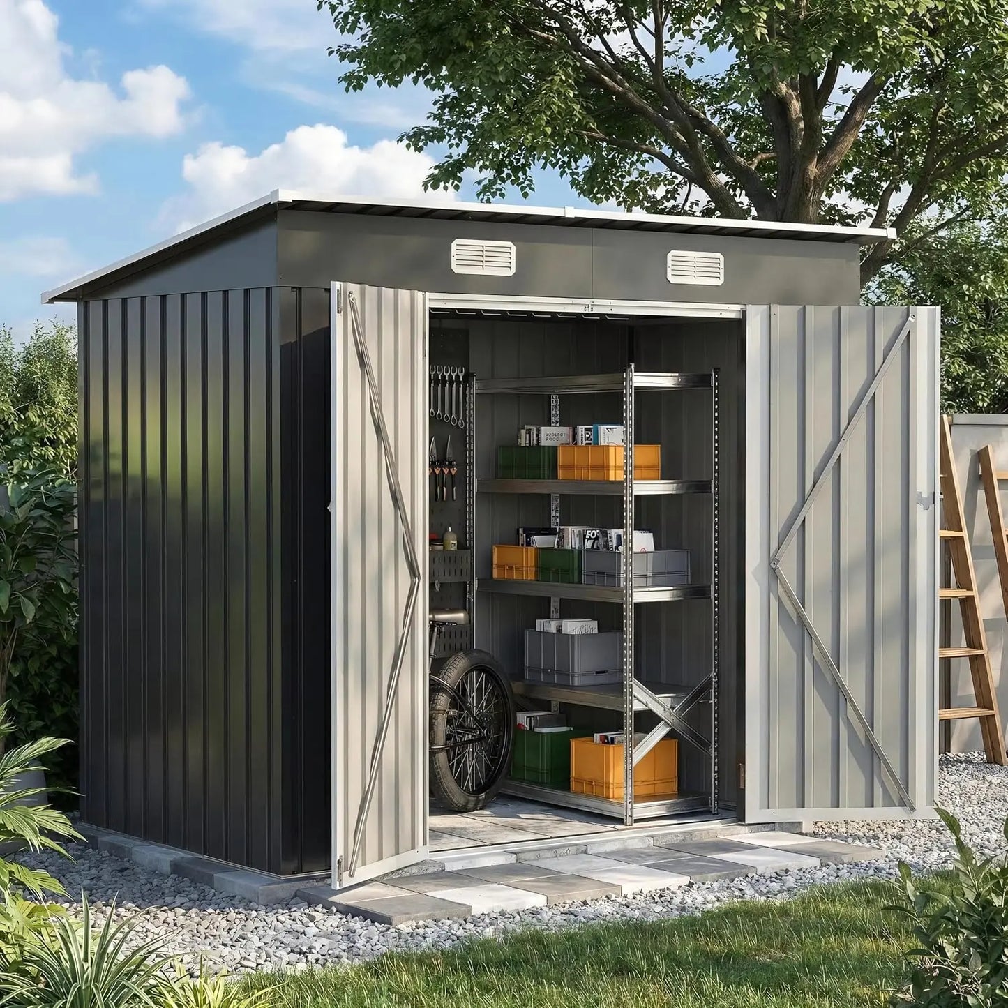 Metal Shed With Sloped Roof And Lockable Door For Outdoor Storage