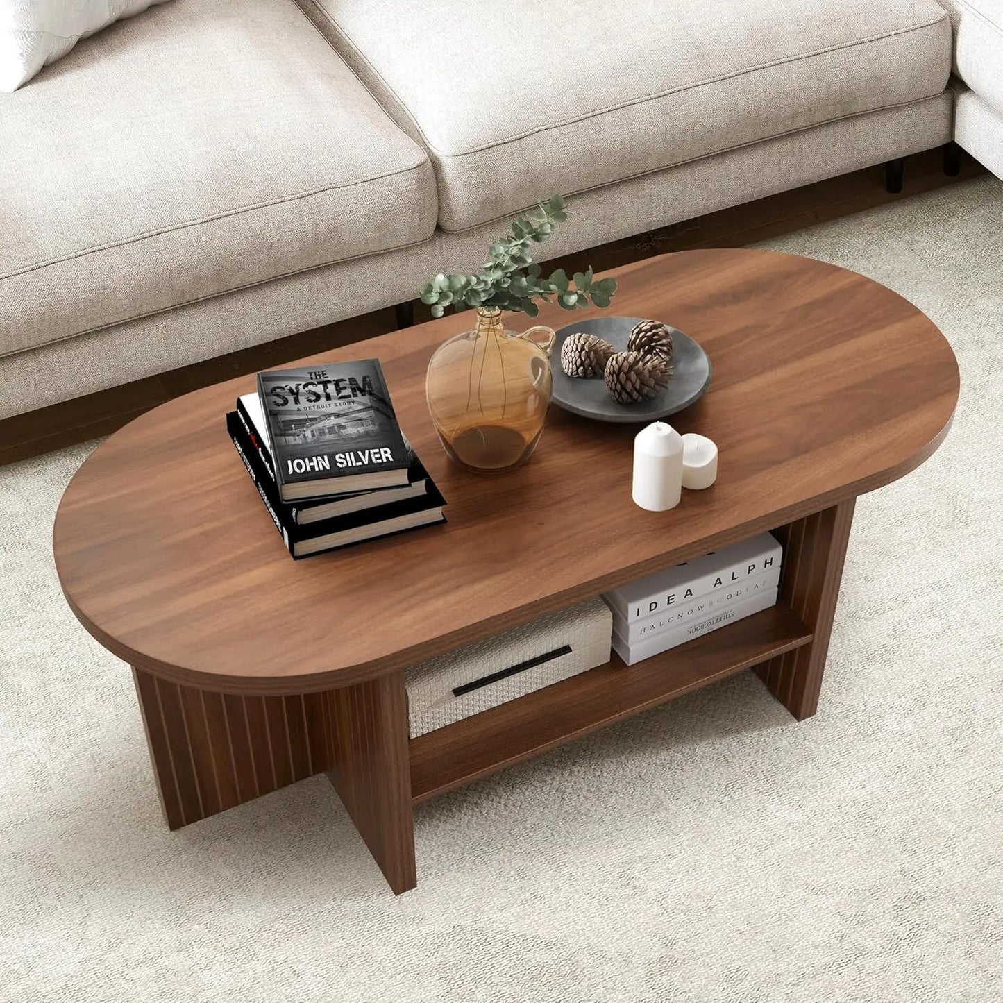 Modern Farmhouse Oval Coffee Table With Storage For Living Room