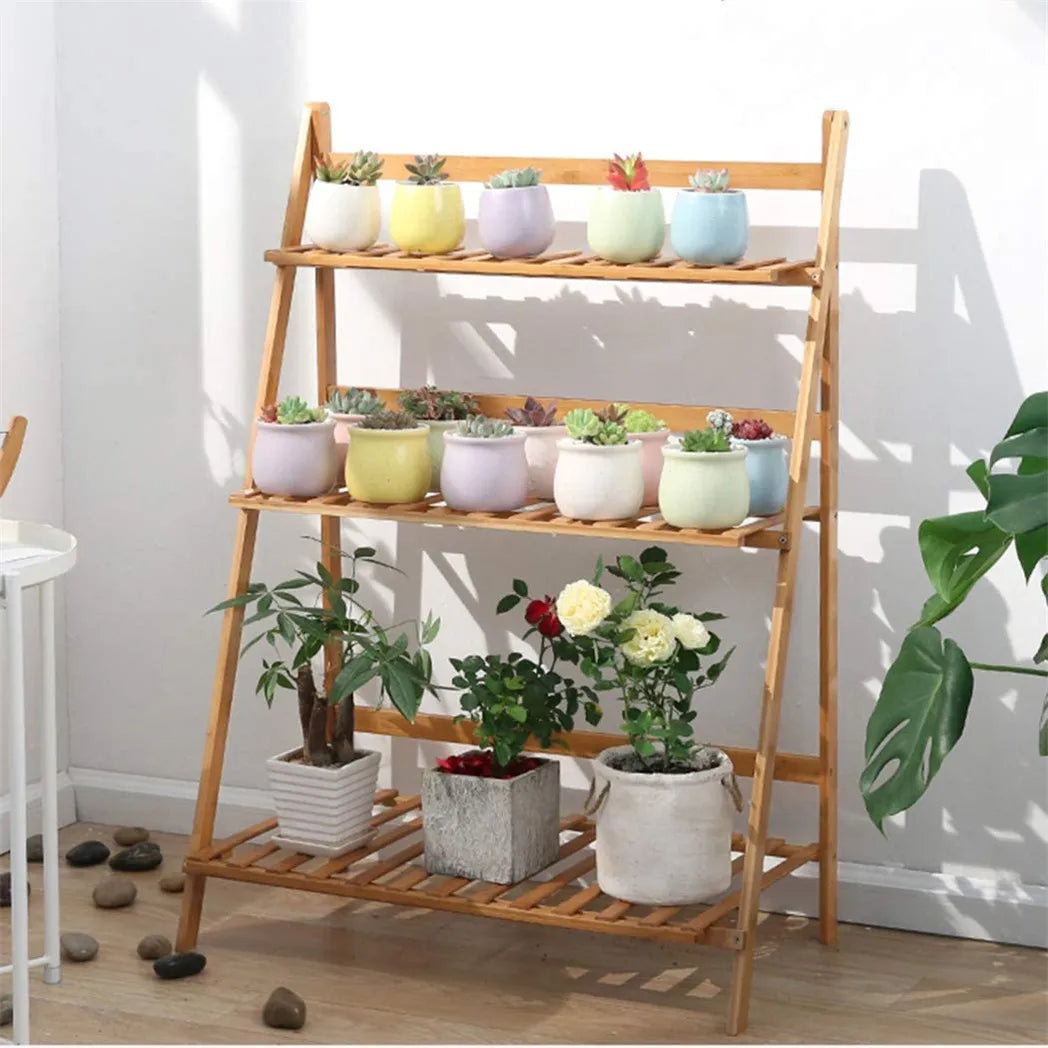 Three Tier Bamboo Plant Stand For Indoor Outdoor Display